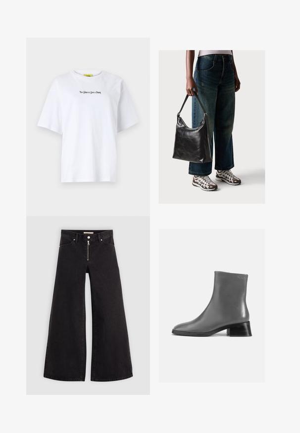 JJXX JXMILLOW LOOSE TEE - Μπλουζάκι με στάμπα - bright white; Πλάι-πλάι τζιν σε μαύρη denim με φερμουάρ μπροστά, σχέδιο με πέντε τσέπες και διακριτές ραφές. Λείος υφασμάτινος χαρακτήρας και χαλαρός στυλ.; Γκρι δερμάτινο μποτάκι με στρογγυλή μύτη και κοντό, ανατομικό μαύρο τακούνι. Λείος υφής με ελάχιστες λεπτομέρειες.; Μαύρη δερμάτινη τσάντα ώμου με μαλακή υφή και ρυθμιζόμενο λουρί, συνδυασμένη με ξεθωριασμένα φαρδιά τζιν και αθλητικά sneakers.