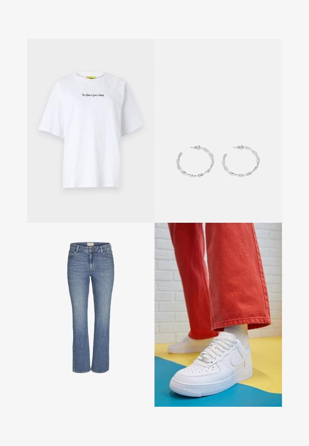 JJXX JXMILLOW LOOSE TEE - Marškinėliai su spaudiniu - bright white; Vidutinio mėlynumo tiesių kojų džinsai su priekiniais mygtuko ir užtrauktuko uždarymais, diržo kilpomis ir priekinėmis bei užpakalinėmis kišenėmis.; Baltos odinės kedų sportbačiai su perforuotu pirštu, tekstūruota pado dalimi ir baltais raišteliais, derinami su plačiomis raudonomis kelnėmis ir mėlynos bei geltonos spalvų fono kompozicija.; Sidabriniai auskarai žiedai su sukto dizaino, turintys poliruotą apdailą ir fiksavimo smeigtuką. Skersmuo maždaug 3 cm.
