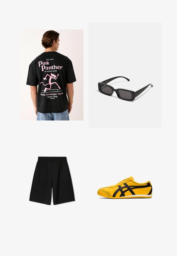Schwarzes Baumwoll-T-Shirt mit einem großen, rosa Cartoon-Panther-Graphic, dem Text "Pink Panther Running Club" und Details über das San Siro Stadion.; Schwarze Baumwollshorts mit einem elastischen Bund, seitlichen Taschen und einem lockeren Schnitt, ausgestattet mit einer glatten Textur und geradem Saum.; Gelbe Sportschuh mit schwarzen Akzenten, glatte Ledertextur, geschwungenes Design, runde Zehenpartie, flache weiße Sohle und auffällige Markenlogos an der Seite.; Schwarze rechteckige Sonnenbrille mit dunklen Gläsern, glänzender Oberfläche, breiten Bügeln und einem klobigen Rahmen-Design. Gravierter Markenname auf einem Bügel.
