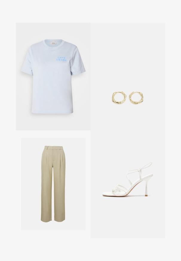 Hele sinine puuvillane T-särk lühikeste varrukatega ja ümarate kaelustega. Vasakul rinnal on mängulises stiilis tekst "LOVE CRUSH".; Beezhides laiad püksid, mis on valmistatud siledast kangast, millel on ees pleated, meisterdatud vöökoht ja küljetaskud. Puhtad allääred.; Valge rihmadega kõrge kontsaga sandaal, millel on lamedad varbatoed, tekstuuriga esiosa kogutud detailidega ja kitsas pahkluu rihm.; Kuldsete rõngaskõrvarõngaste tekstuuriga, ebakorrapärane kuju. Omab sujuvat lukustust ja poleeritud pinnatöötlust, rõhutades kaasaegset disaini.