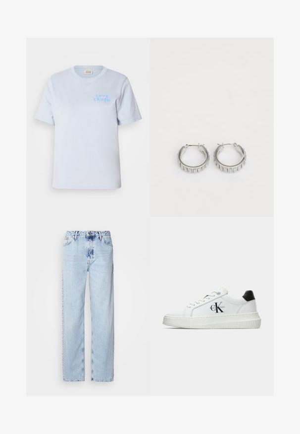 Svetlomodré bavlnené tričko s krátkymi rukávmi a okrúhlym výstrihom. Na ľavej strane hrudníka je nápis "LOVE CRUSH" v hravom štýle.; Svetlomodré široké džínsy vyrobené z denimu, s vysokým pásom, vyblednutým umývaním a jemným vzorom batikovania na prednej strane.; Biele nízke tenisky s čiernym pätkovým dielom, platformovou podrážkou, šnúrkami a logom "CK" značky Calvin Klein na boku.; Strieborné kruhové náušnice s textúrovaným dizajnom, ktorý obsahuje vertikálne ryhy. Obdĺžnikový tvar so zabezpečovacím uzáverom. Hladký povrch.