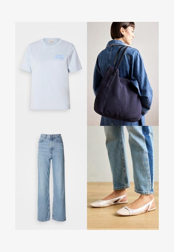 Hele sinine puuvillane T-särk lühikeste varrukatega ja ümarate kaelustega. Vasakul rinnal on mängulises stiilis tekst "LOVE CRUSH".; Heledad sinise värvi kõrge vöökoht, sirge säärega teksad, valmistatud denimist, esipoolne nööpkinni ja kerged pleekimise detailid.; Kahvatu roosa slingback lapikute jalatsite paar, millel on terav varvas, valmistatud siledast nahataolisest materjalist. Omab külgedel lõikekohti ja lapikut kontsa.; Tumesinise kangast õlalauk, millel on pehme, struktureeritud kuju, must rihm, tikandiga detailid ja väike brändi silt.