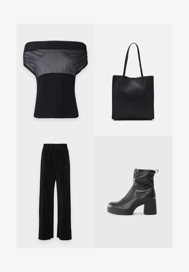 Melnā blūze ar pieguļošu dizainu, kurai ir caurspīdīga, savākta augšējā daļa un vienkrāsaina apakšējā daļa. Gluda tekstūra un universāla stilizācija.; Melni plīšu bikses ar elastīgu jostu. Tām ir platākas kājas un gluda, teksturēta auduma ar vertikālām svītrām.; Melni potītes zābaki, kas izgatavoti no gludas ādas, ar sānu rāvējslēdzēju, masīvu strukturētu papēdi un noapaļotu purngalu.; Melnas ādas somiņa ar gludu tekstūru, taisnstūra formu un divām garām rokturiem. Nav redzamu aparatūras vai rotājumu.