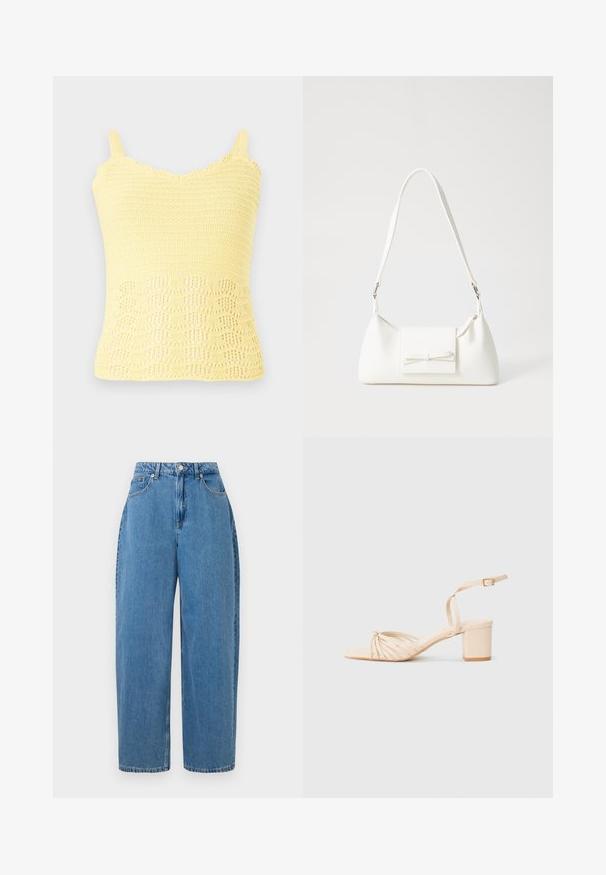 Sárga kötött trikó, hullámos széllel és textúrált mintával, nyitott szövésű részletekkel az alján. Állítható pántokkal.; világoskék farmernadrág egyenes szabással, magas derékkal és elöl gombos záródással. Öt zsebbel rendelkezik és minimális varrási részletek találhatók rajta.; Beige szandál, négyzetes orral, csatos elülső kialakítással, bokapánttal és tömbsarkal. Simább textúra, minimalista stílus.; Fehér szintetikus kézitáska, háromszög alakú, lapos előlap, masni részlettel, állítható pánttal, sima textúrával és minimalista dizájnnal.