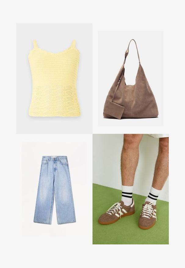 Sárga kötött trikó, hullámos széllel és textúrált mintával, nyitott szövésű részletekkel az alján. Állítható pántokkal.; Bershka WIDE-LEG - Széles szárú - light-blue denim; Barna velúr sportcipő fehér díszítéssel és fűzővel. Gumi talp. Fehér zoknival viselve, fekete csíkokkal. Zöld, textúrázott padló.; Zign LEATHER - Bevásárlótáska - light brown