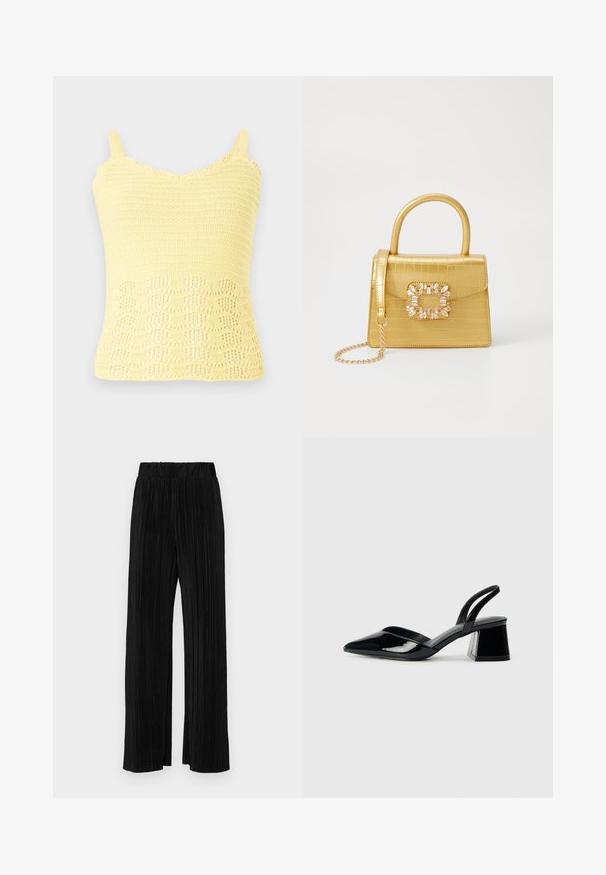 Yellow knitted tank top featuring scalloped edges and a textured pattern with open weave detailing at the bottom. Adjustable straps.; Black pleated trousers with an elastic waistband. Features wide legs and a smooth, textured fabric with vertical stripes.; Black patent leather slingback heels with a pointed toe and a geometric block heel. Features a sleek, minimal design and smooth texture.; Yellow faux-crocodile handbag with a structured design, top handle, detachable chain strap, and decorative crystal embellishment on the clasp.