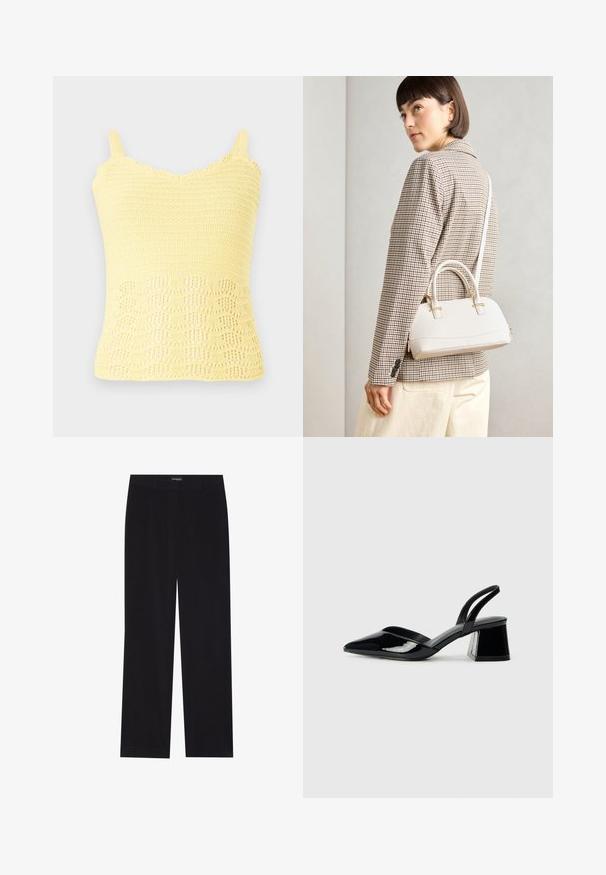 Dzeltena adīta bezpieka ar viļņotām malām un rakstu ar faktūru, ar atvērtu auda detaļām apakšā. Regulējami siksniņas.; Melni korduroja bikses ar taisnu piegriezumu, ar plakanu jostasvietu un bez redzamām kabatām, gluda tekstūra un vertikālas ribas detaļa.; Melna lakota āda ar atvērto papēdi, ar smailu purngalu un ģeometrisku blokpapēdi. Iezīmējas elegants, minimāls dizains un gluda tekstūra.; Balta strukturēta roku soma ar īsām rokturiem un plecu siksnu, ar zelta aparatūras akcentiem un strukturētu materiālu, izstādīta uz pelēka fona.; Zelta-tonēti auskari ar gludu, pulētu apdari. Iezīmē pusapaļa forma un droša aizdare uz stieņa.