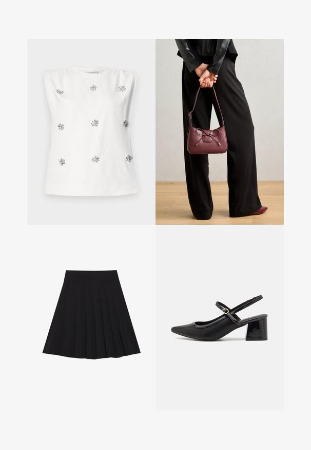 Biała bezrękawnik z okrągłym dekoltem, ozdobiony srebrnymi detalami przypominającymi kwiaty równomiernie rozmieszczonymi na tkaninie. Gładka tekstura.; Czarna plisowana spódnica z teksturowanej tkaniny z dopasowanym paskiem. Sięga do kolan, wyróżniając się gładką, czystą sylwetką.; Czarne lakierowane czółenka na słupku ze spiczastym noskiem, lekko zaokrąglonym wycięciem i obcasem w kształcie bloku. Posiadają złotą klamrę jako akcent dekoracyjny.; Burgundowa skórzana torebka z kokardką, z wąskim paskiem i złotymi akcentami, trzymana przez osobę w czarnych spodniach.