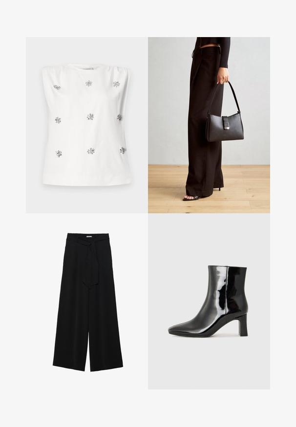 Bijela bezrukavna bluzica s okruglim izrezom, koja ima srebrne ukrase u obliku cvjetova ravnomjerno raspoređenih po tkanini. Glatka tekstura.; Crne široke hlače od teksturirane tkanine, s elastičnom pojasom i odvojivim remenom na struku za prilagodivo pristajanje.; Crne lakirane kožne gležnjače s šiljastim prstom i srednje visokom blok petom. Glatka tekstura i minimalistički dizajn.; Crna torba s oblikom koji sadrži strukturu, glađu teksturu i metalnu kopču. Uparena s širokim crnim hlačama i sandalama na otvorenom s drvenog poda.