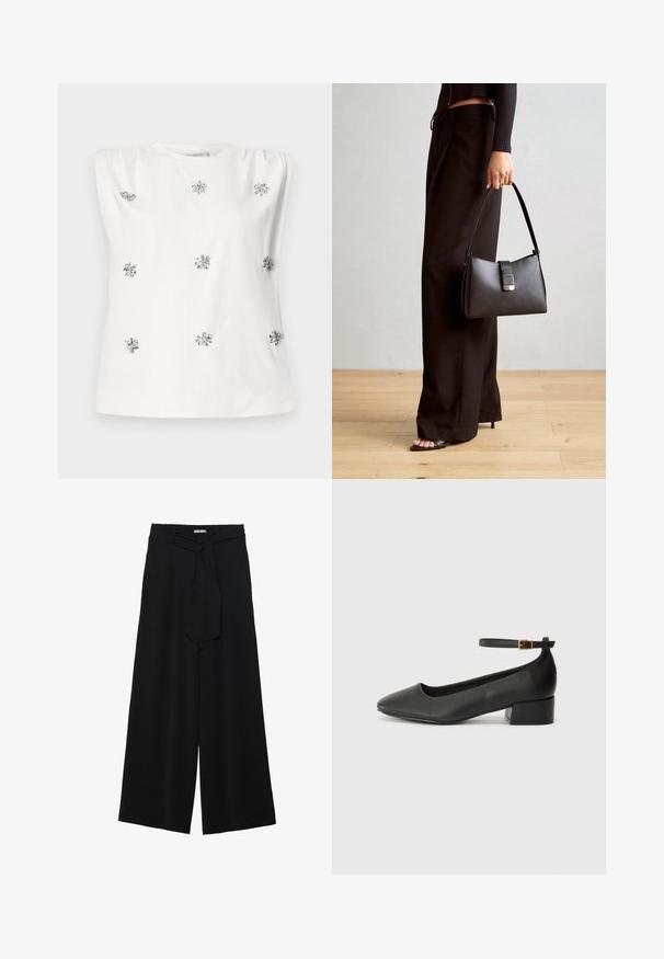 White sleeveless top with a round neckline, featuring silver embellishments resembling flowers evenly spaced on the fabric. Smooth texture.; Black wide-leg pants featuring a textured fabric, an elastic waistband, and a detachable sash tie at the waist for adjustable fit.; Black leather pump with a pointed toe and a low block heel. Features an ankle strap with a gold-tone buckle. Smooth texture.; Black handbag with structured shape, smooth texture, and a metallic clasp. Paired with wide black pants and open-toe sandals on wooden floor.