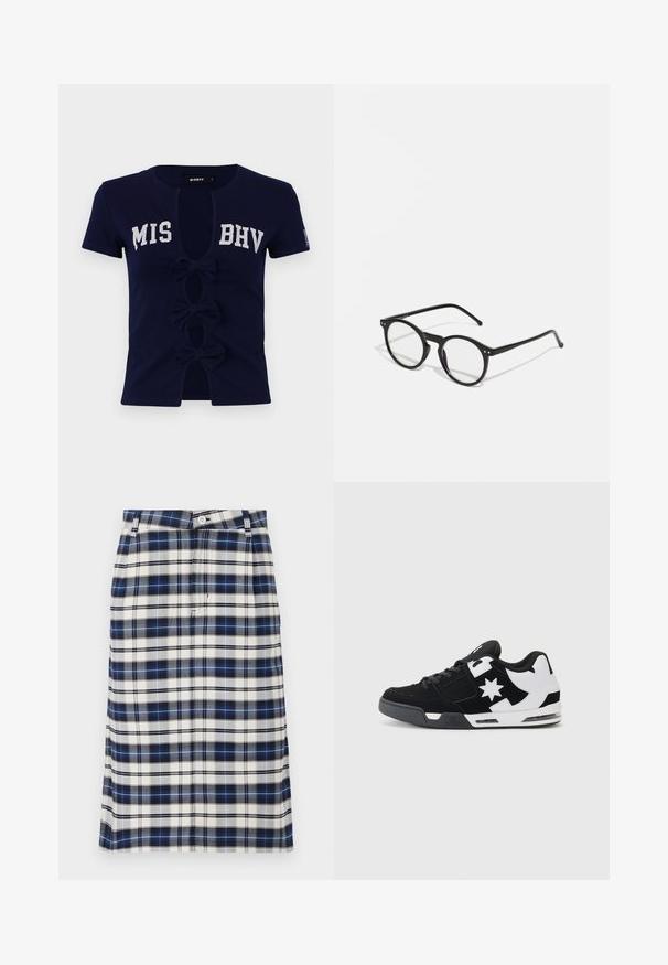 Navy blue short-sleeved T-shirt with a deep V-neck, featuring the text "MIS BHV." Three bows adorn the front cutouts, made of soft cotton material.; Plaid skirt in navy, white, and gray. Features a straight silhouette, button closure, and subtle texture with grid pattern.; Black and white sneaker with suede and mesh materials. Features a prominent star logo and bold accents on the side, with a cushioned sole.; Round black sunglasses with clear lenses, thin black arms, and small metallic accents on the front. Classic design with minimalist style.