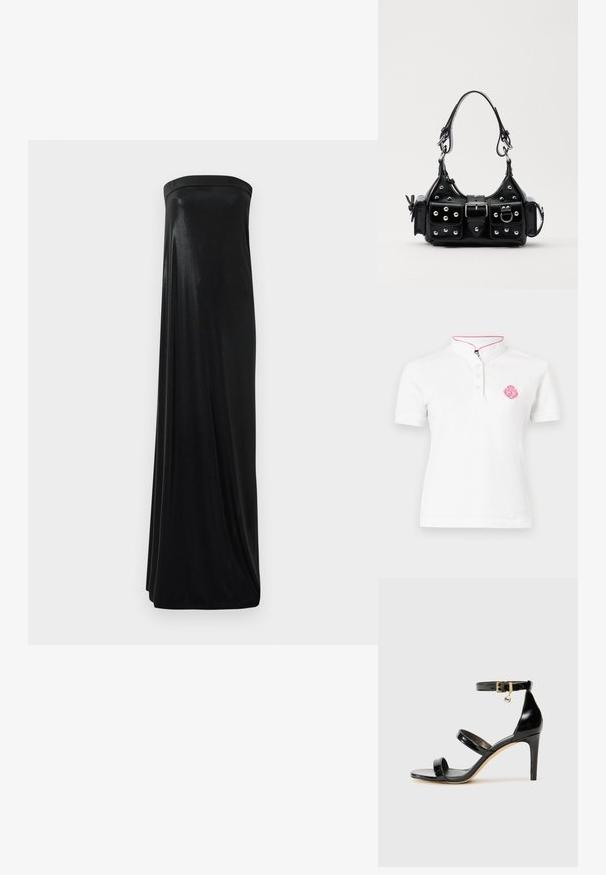 Bela kratka polo majica s mandarin ovratnikom, z gumbi na tri, in roza vezenim logotipom na prsih.; Črna brez naramnic maksi obleka iz gladkega, sijočega materiala. Ima prilegajoč vrhnji del in padajočo silhueto, ki sega do tal brez okrasnih detajlov.; Črne lakirane sandale s tremi trakovi, zaponko okoli gležnja in 10-centimetrsko stiletto peto. Imajo detajle iz zlatega kovanja in logotipni čar.; Črna usnjena torbica s ukrivljenim dizajnom, ki vsebuje srebrne žebljičke, zaponko in dve stranski žepki. Nastavljiv trak za različne možnosti nošenja.