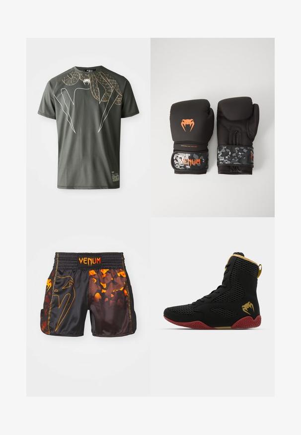 Tamsiai žalia trumpų rankovių marškinėliai, pagaminti iš lygaus audinio, su auksinės ir baltos spalvos sujungtų gyvačių grafiniu dizainu.; Juoda ir oranžinė Venum šortai, pasižymintys blizgiu paviršiumi, kontrastingais kamufliažo raštais ir elastingu juosmeniu su logotipo detale.; Juodos tinklelio ir sintetinės medžiagos aukštakulniai sportiniai bateliai su tekstūruotomis detalėmis, raudonu guminio pado ir auksinėmis akcentais ant kulkšnies.; Juodi bokso pirštinės su matinio paviršiaus apdaila ir ergonomišku dizainu. Oranžinės logotipo detalės ir kamufliažo rašto riešo diržai.