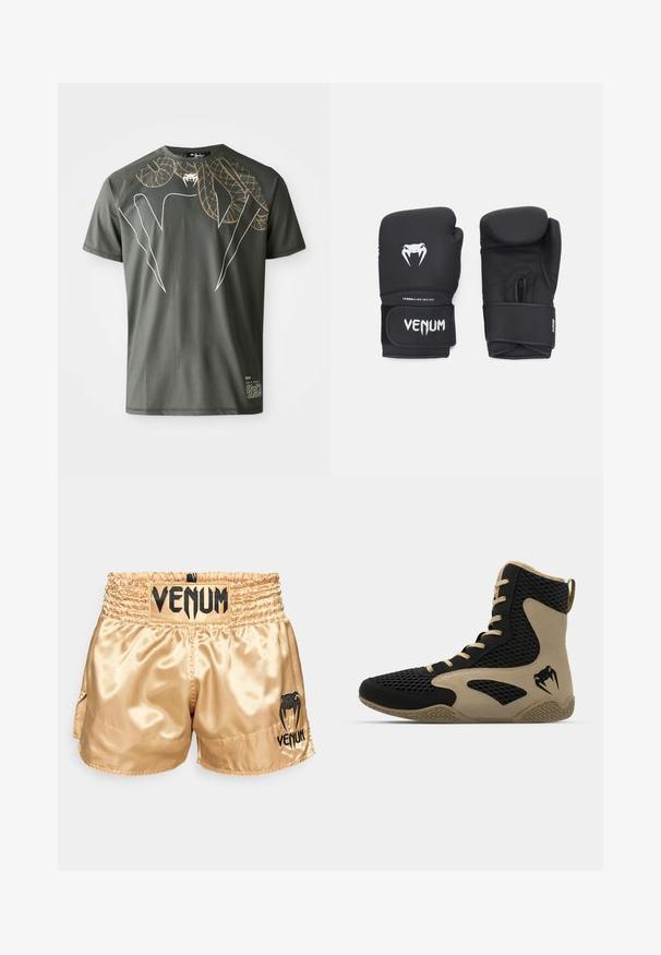 Tumši zaļš īsrokas t-krekls, izgatavots no gludas auduma, ar grafisku dizainu, kurā attēloti savītas čūskas zeltainā un baltā krāsā.; Zelta satīna boksa šorti ar melnu "VENUM" logo uz jostas un sāniem, ar gludu tekstūru un elastīgu jostu komfortam.; Augstas augšas sporta apavi ar melnu sietiņu ārpusi un bežām akcentiem. Strukturēta gumijas zole un logo detalizācija sānos.; Melnas boksa cimdi ar gludu virsmu, ar baltu "Venom" logo un regulējamu stiprinājumu ar āķi un cilpu, nodrošinot drošu piegulšanu.
