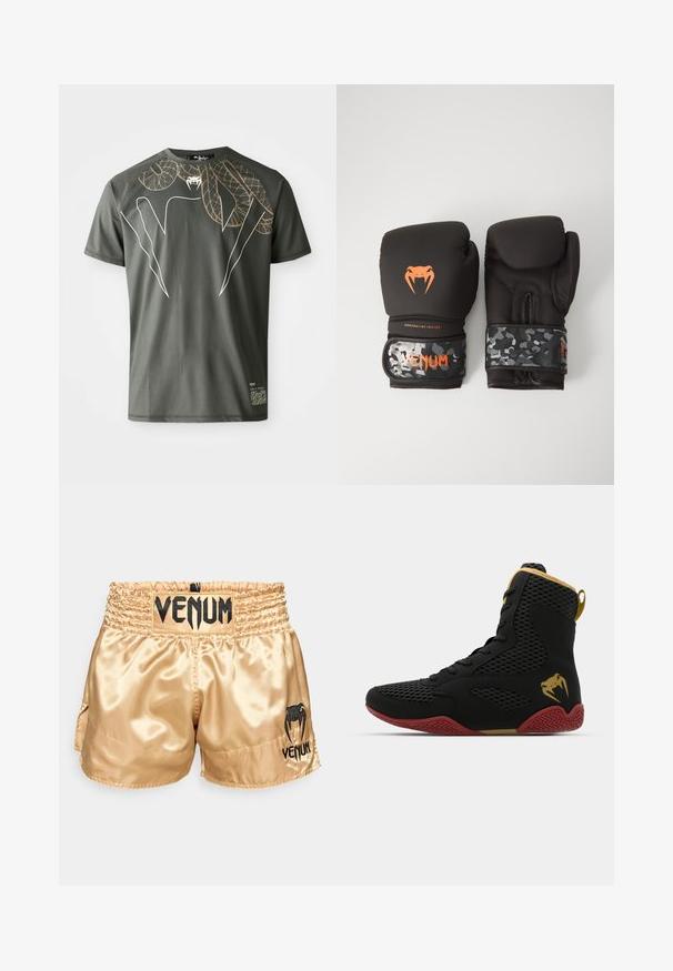 Tume roheline lühikeste varrukatega t-särk, mis on valmistatud siledast kangast, ja millel on kaunilt keerduvad mao graafikad kuld- ja valgetes toonides.; Kuldne satiinist poksipingid musta "VENUM" logoga vööl ja külgedel, millel on sile tekstuur ja elastne vöö, et tagada mugavus.; Korkeatutine sportlik king, musta võrkkangaga ja sünteetilisest materjalist, tekstuursete detailidega, punase kummitaldiga ja kuldsete aktsentidega pahkluu piirkonnas.; Mustavad krossimise kinnased, millel on mati viimistlusega ja ergonoomiline disain. Oranž logo detail ja kamuflaažimuster randmetrasside peal.