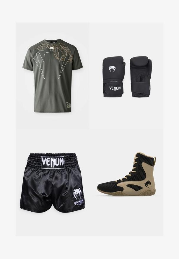 Camiseta de manga corta de color verde oscuro hecha de una tela suave, con un diseño gráfico de serpientes entrelazadas en oro y blanco.; Pantalones cortos de boxeo de satén negros con una cinturilla elástica; presentan un logo blanco y un diseño de serpiente en la pierna izquierda. Textura suave.; Zapatilla deportiva de caña alta con un exterior de malla negra y acentos en beige. Suela de goma texturizada y detalle del logotipo en el costado.; Guantes de boxeo negros con una textura suave, con un logo de veneno en blanco y una correa ajustable de gancho y bucle para un ajuste seguro.