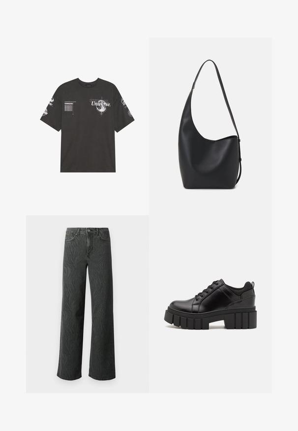 Svart bomulls T-skjorte med korte ermer, rund hals, trykte grafikker inkludert tekst og månemotiver på forsiden og ermene.; Vide ben jeans i mørkegrå denim, med en subtil zebra-mønster tekstur, kontrast søm, og fem lommer med knappestol. ; Svarte lærplattformsko med kraftig blokkhell, rund tå og tradisjonell snøring. Har en jevn tekstur og minimal detaljering.; Svart lær hobo-veske med glatt tekstur, buet form og enkelt justerbart stropp; har en bred åpning på toppen.