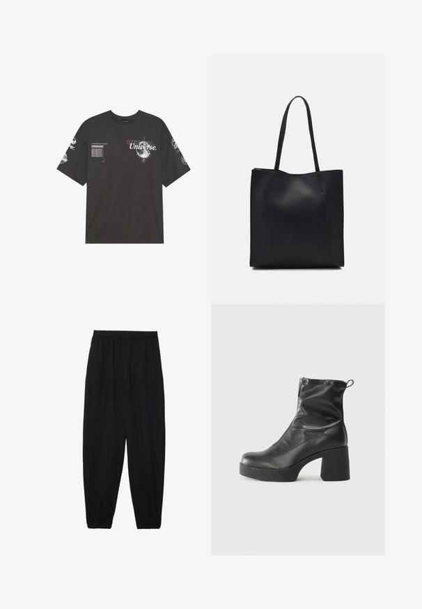 Crna pamučna majica s kratkim rukavima, okruglim izrezom, s printanim grafičkim motivima koji uključuju tekst i lunarno inspirirane uzorke na prednjem dijelu i rukavima.; Crne, lagane hlače s elastičnom stražnjom pasicom i naboranim gležnjevima. Tkanina je glatka i ima opušteni, suženi dizajn.; Crne gležnjače od glatke kože, s bočnim zatvaračem, debelim teksturiranim potplatom i dizajnom s zaobljenim prstima.; Crna kožna torba za nošenje s glatkom teksturom, pravokutnim oblikom i dvije duge ručke. Nema vidljivih metalnih dijelova ili ukrasa.