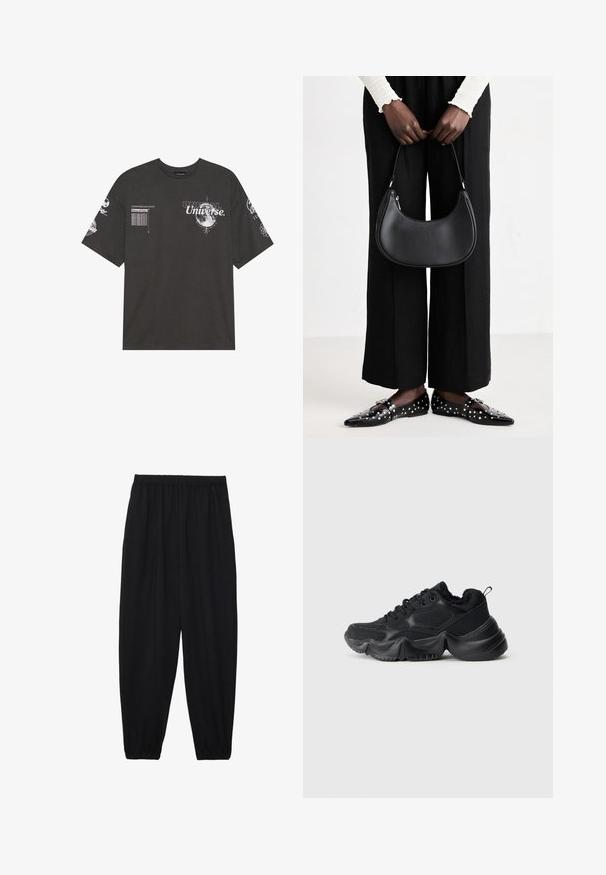 Zwarte katoenen t-shirt met korte mouwen, een ronde hals, bedrukte graphics waaronder tekst en maanmotieven op de voorkant en mouwen.; Zwarte, lichte broek met een elastische tailleband en gathered enkels. De stof is glad en heeft een ontspannen, taps toelopend ontwerp.; Zwarte sneakers met een mix van gladde en textuurmaterialen, dikke zolen, ronde vorm en decoratieve stiksels. Voorzien van een zachte, pluche manchet.; Zwarte lederen schoudertas met een ronde vorm, glanzende afwerking en zilverkleurige hardware. Persoon in zwarte wijde broek en gestifte loafers.