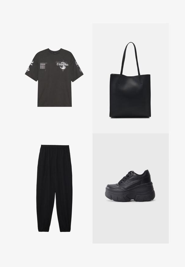 Sort bomulds T-shirt med korte ærmer, rund hals, trykte grafikker inklusive tekst og månemotiver på fronten og ærmerne.; Sort, lette bukser med elastisk talje og sammenfoldede ankler. Stoffet er glat og har et afslappet, indsnævret design.; Sorte snørebåndssneakers med en kraftig sål, der har en glat læderoverdel, rund tå og et markant lagdelt plade-design.; Sort læder tote taske med glat tekstur, rektangulær form og to lange hanke. Ingen synlig hardware eller udsmykninger.