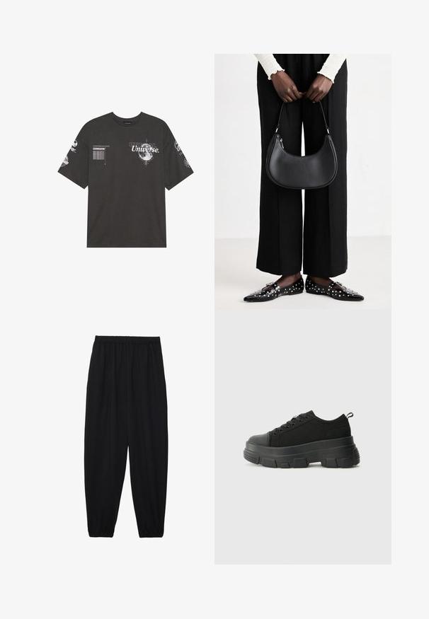 Crna pamučna majica s kratkim rukavima, okruglim izrezom, s printanim grafičkim motivima koji uključuju tekst i lunarno inspirirane uzorke na prednjem dijelu i rukavima.; Crne, lagane hlače s elastičnom stražnjom pasicom i naboranim gležnjevima. Tkanina je glatka i ima opušteni, suženi dizajn.; Crne tenisice s debelim gumenenim potplatom, teksturiranim gornjim dijelom od tkanine, okruglim vrhom i dizajnom s vezicama. Imaju pojačane rupice za vezice i dodatak za povlačenje straga.; Crna kožna torba preko ramena zaobljenog oblika, s sjajnom završnom obradom i srebrnim hardverom. Osoba nosi crne hlače širokog kroja i loaferice sa studovima.