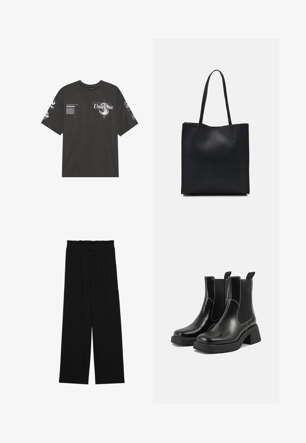 Black cotton t-shirt featuring short sleeves, a round neck, printed graphics including text and lunar motifs on the front and sleeves.; Black wide-leg trousers with a ruffled waistband, featuring two side pockets and a smooth, lightweight fabric. No visible patterns or hardware.; Black leather Chelsea boots with a chunky heel, elastic side panels, and contrasting white stitching. Textured finish.; Black leather tote bag with smooth texture, rectangular shape, and two long handles. No visible hardware or embellishments.