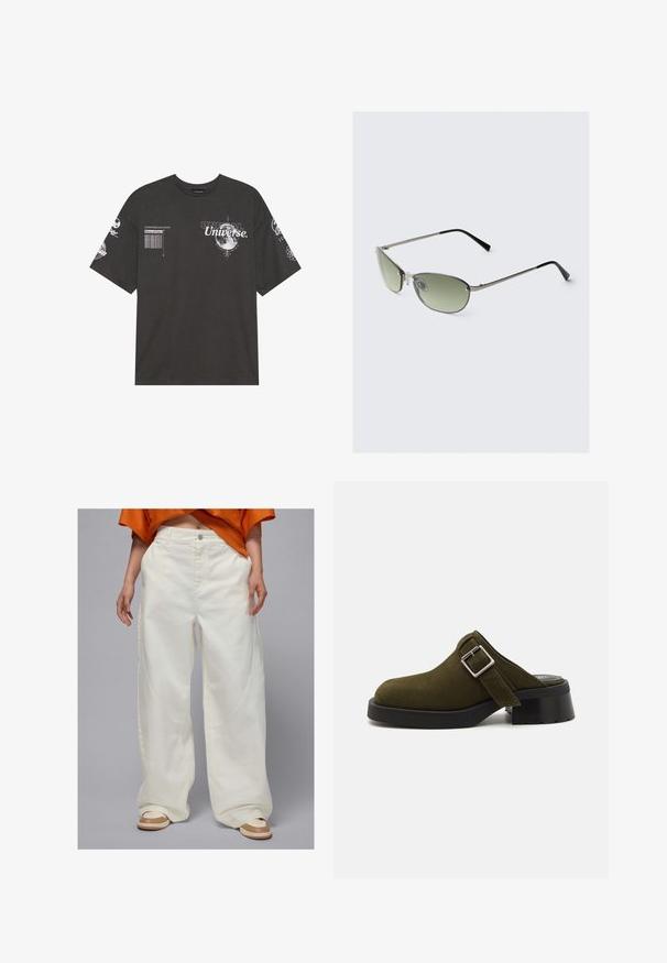 Mustmust t-särk lühikeste varrukatega, ümmargune kaelus, esipaneel ja varrukad sisaldavad trükitud graafikat, sealhulgas teksti ja kuu motiive.; Laiad valged denim püksid küljetaskute ja sirge lõikega, millel on nööbiga sulgemine ja kontrastsed õmblused.; Olive rohelise suede'ist mule madala, robustse musta kontsaga. Omab külgrihma hõbedase pandlaga reguleerimiseks. Üldine tekstuur on sile.; Metallist prillid piklike roheliste läätsedega, õhuke hõbedane raamil ja mustade kaobalde otstega. Omab väikeseid nina padjakesi mugavuseks.