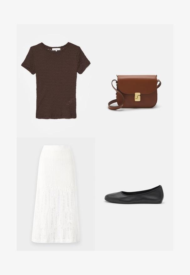 Brązowa koszulka z krótkim rękawem o teksturowanym, prążkowanym wzorze i okrągłym dekolcie. Miękka tkanina o lekko luźnym kroju.; Dzianinowa biała spódnica midi z fakturowanym wzorem w pionowe linie oraz wycięciami przy dolnej krawędzi. Elastyczny pas. Miękki materiał.; Czarne skórzane baletki z zaokrąglonym noskiem, gładką fakturą, minimalnymi przeszyciami i elastycznym designem podeszwy.; Brązowa skórzana torebka na ramię z klapką, złotymi detalami, paskiem na ramię i gładką teksturą. Kompaktowy prostokątny kształt.