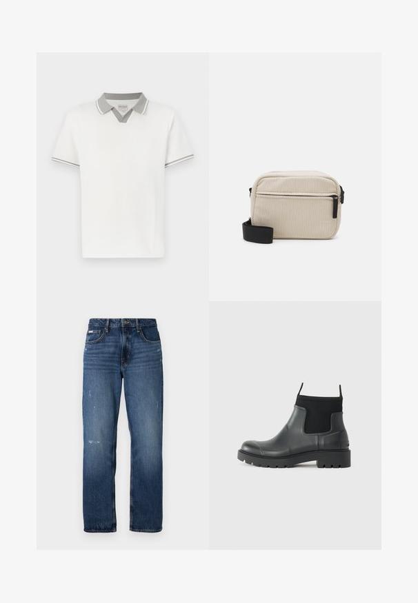 Camisa polo branca de mangas curtas com colarinho e bainha das mangas em cinza claro, apresentando um detalhe em V abaixo do colarinho e uma pequena etiqueta da marca no interior.; Jeans de ganga azul com um design de perna reta. Apresentam áreas desbotadas e ligeira desgastação na frente, com um fecho clássico por botão.; Botas de tornozelo pretas feitas de borracha com um acabamento mate, apresentando um design elegante, painéis elásticos e uma sola grossa para tração.; Bolsa crossbody em cor creme feita de corduroy, com um fecho de correr preto, alça removível e padrão texturizado. Apresenta um compartimento principal e um bolso na frente.