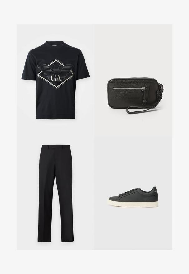 Mornarsko modra bombažna majica s kratkimi rokavi, ki na sprednji strani vsebuje velik srebrn logotip z krili in diamantom. Ima zaokrožen ovratnik.; Črne, hlače z ravnimi nogami iz gladke tkanine. Imajo običajen pas in brez vidnih vzorcev ali poudarkov.; Črne usnjene superge z nizkim profilom, okroglo špičko in vezalkami; vsebujejo teksturiran gumijast podplat in detajl z logotipom na peti.; Črna usnjena torbica s teksturirano površino, sprednjim žepom z zadrgo in odstranljivo zapestnico. Ima logotip na sprednji strani. Pravokotna oblika.