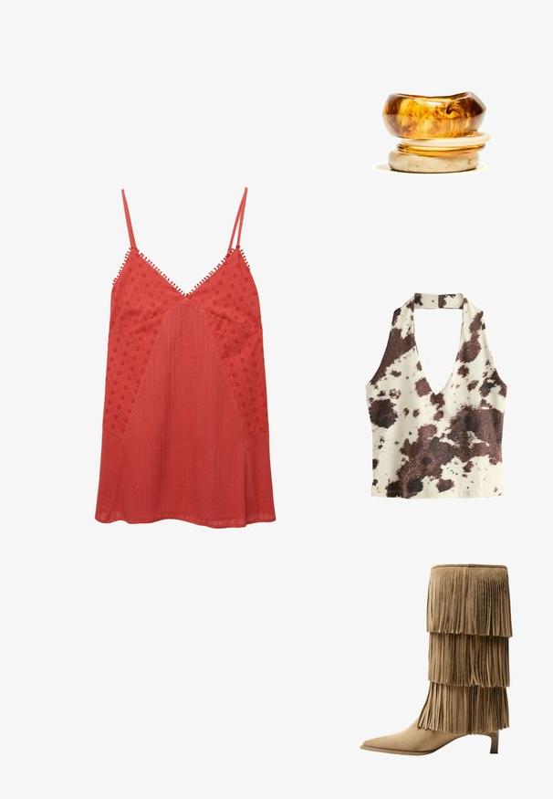 Brun og creme halterneck-top med dyb V-hals, kvægprint, glat stofstruktur og åben rygdesign.; Rød udenærmet top med V-hals, prydet med broderede blomster mønstre og strukturerede paneler, afsluttet med dekorativ trim langs stropperne.; Fringe ankelstøvle i tan ruskind med tre lag af frynser. Spids tå og en lav blokhæl. Glat tekstur over det hele.; Vævet strå tote taske med flettet tekstur, mørkebrune læderhåndtag og bund, bred cirkulær form og åben topdesign.; Et stak af to ringe; den øverste er ravfarvet med svirvler, og den nederste er lys beige; begge er glatte og blanke i resin.