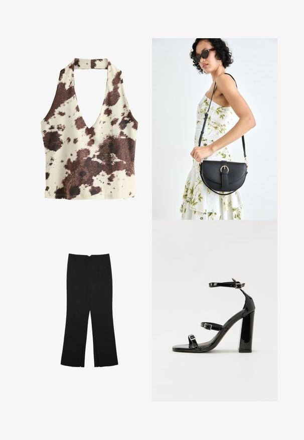 Rjava in krem halter top z globokim V-izrezom, vzorom kravje kože, gladko teksturo blaga in odprtim hrbtom.; Črne hlače ravnega kroja z naglavnimi žepi in stranskimi razporki na robu. Narejene iz mehke, gladke tkanine. Primerne za različne priložnosti.; Črne lakirane sandale s peto, kvadratnim prstom, trakovi okrog gležnja in srebrnimi zaponkami. Opremljene so s stabilno Debelo peto.; Črna usnjena torbica s ukrivljeno obliko, z odstranljivo naramnico in zlatimi dodatki. Torbica ima pokrov s podrobnostmi v obliki zaponke.
