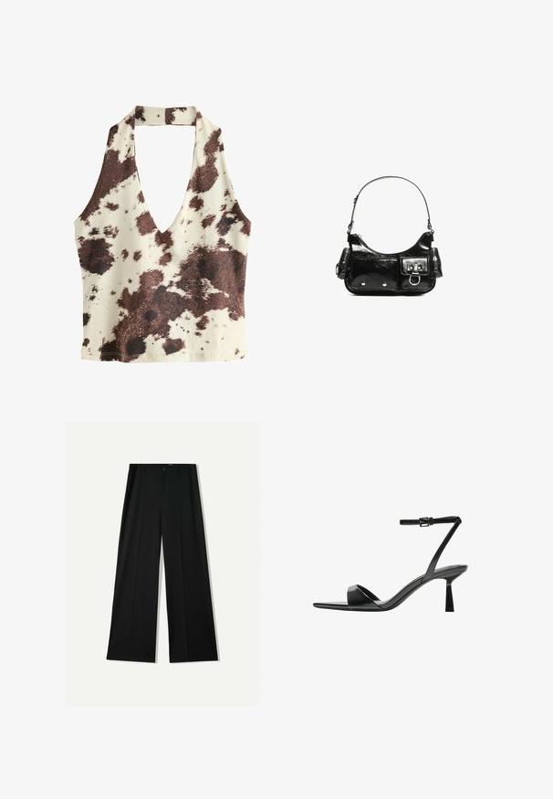 Hnedý a krémový halter top s hlbokým V-výstrihom, vzorom kravskej kože, hladkou tkaninou a otvoreným chrbtom.; Bershka WIDE - Nohavice - black; Bershka Sandále na vysokom opätku - black; Čierna laková kožená kabelka s ohnutým tvarom, jedným ramenným popruhom, prednými vreckami a striebornými kovovými doplnkami.