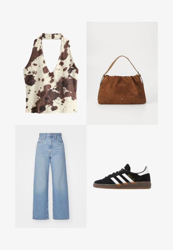 Top halter maro și crem cu decolteu adânc în V, model cu pete de vacă, textură de țesătură netedă și design cu spate deschis.; Jeans cu talie înaltă, de culoare albastru deschis, cu croială largă, dotate cu nasture și fermoar la față, buzunare în față și spate, pe un fundal alb.; Sneaker Adidas negre cu dungi albe, text aurit "Spezial", talpă din cauciuc și tab de călcare alb, prezentat din vedere laterală.; Geantă din suede maro cu un design plisat, având o curea din piele bej și un detaliu subtil cu logo auriu în partea din față.