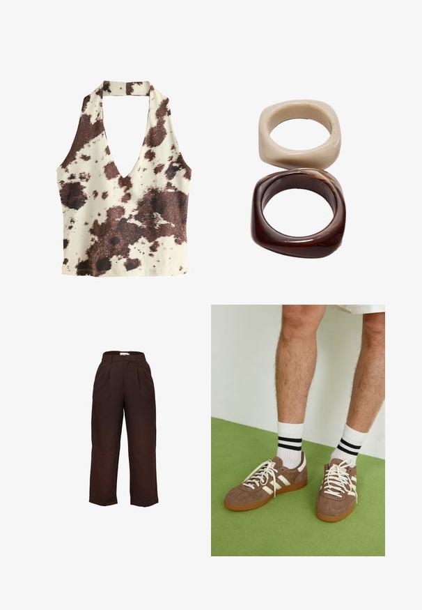 Brun og creme halterneck-top med dyb V-hals, kvægprint, glat stofstruktur og åben rygdesign.; Højtsiddende, mørkebrune bredbenede bukser med bæltestropper og frontfolder, præsenteret mod en hvid baggrund.; Brune ruskind sneakers med hvide detaljer og snørebånd. Gummisål i naturgummi. Båret med hvide sokker med sorte striber. Grøn struktureret gulv.; Stradivarius SET - Armbånd - dark brown