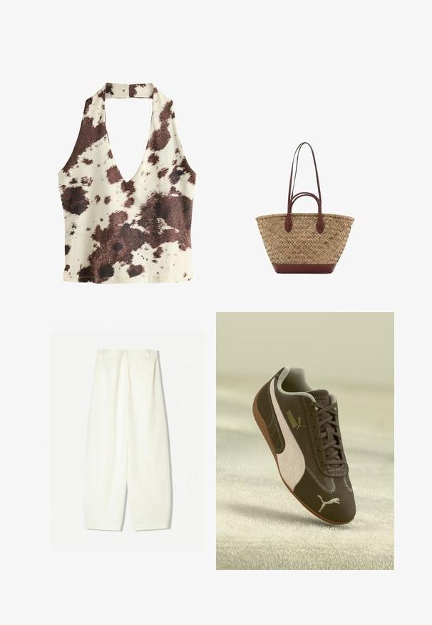 Brun och krämfärgad halterneck-topp med djup V-halsringning, mönster av nötkreatur, slät tygtäckning och öppen ryggdesign.; Vida byxor i ett mjukt krämfärgat tyg, med en slät yta, framfickor och en avslappnad passform med midjehögt midjeband.; Brun Puma-sneaker med beige rand och logotyp, snörad, vilande på en texturerad beige yta.; Vävd halmstorpåse med flätad textur, mörkbruna läderhandtag och botten, vid cirkulär form och öppen design.; En stapel med två ringar; den översta är bärnstenfärgad med virvlar, och den nedersta är ljusbeige; båda är släta och glansiga i resin.