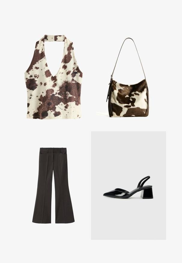 Brauner und cremefarbener Haltertop mit tiefem V-Ausschnitt, Kuhmuster, glatter Stoffstruktur und offenem Rückendesign.; Schwarze, weit geschnittene Hosen mit hoher Taille; verfügt über zwei Fronttaschen und eine glatte Stoffoberfläche. Geeignet für verschiedene Anlässe.; Schwarze Lackleder-Slingback-High Heels mit spitzem Schuh und einem geometrischen Blockabsatz. Verfügt über ein schlankes, minimalistisches Design und eine glatte Textur.; Braune und cremefarbene Kuhhaut-Umhängetasche mit einem glatten Ledertrageriemen, Reißverschluss und einer weichen, strukturierten Oberfläche mit einem natürlichen Muster.
