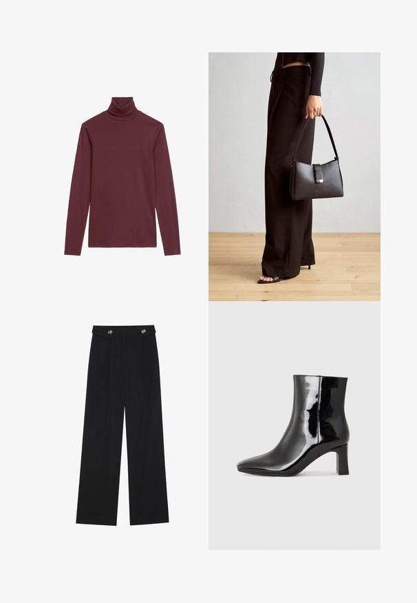 Burgundy turtleneck sweater made from soft, stretchy fabric; features long sleeves and a high, rolled collar for added warmth.; Black wide-leg trousers with high waist, button details on waistband, and front pleats.; Black patent leather ankle boot with a pointed toe and a mid-height block heel. Smooth texture and minimalist design.; Black handbag with structured shape, smooth texture, and a metallic clasp. Paired with wide black pants and open-toe sandals on wooden floor.
