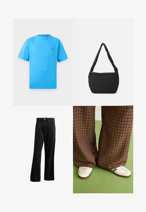 Világoskék pamut póló rövid ujjakkal, kerek nyakkivágással és kis logóval a bal mellen. Sima tapintás és klasszikus szabás.; Fekete farmer jeans egyenes szárú fazonnal, elülső zsebekkel, gombos záródással és enyhe textúrával. Diszkrét logódísz is található rajta.; Barna és kék kockás, bőrt lábú nadrág, fehér cipővel, fekete részletekkel és texturált talppal, zöld háttér előtt.; Fekete válltáska párnázott textúrával, lekerekített formával és széles pánttal, az elején domború logóval.
