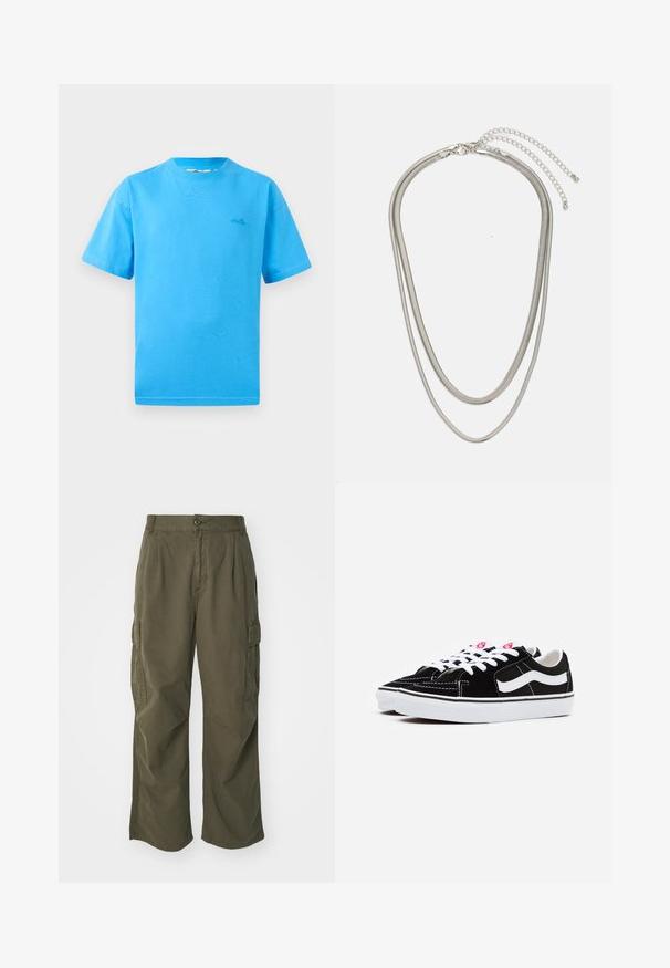 Heledsinise puuvillase lühikeste varrukatega T-särk, ümar kaelus ja väike logo vasakul rinnal. Sile tekstuur ja klassikaline sobivus.; Olivi rohelised cargo püksid, valmistatud puuvillast, laia jala disainiga, voldikute ja küljetaskutega praktilisuse huvides.; Mustad nubukist sneakerid valgete paeltega, millel on silmapaistev valge küljeriba ja must kummist tallaga, esitledes kontrastsete õmbluste detaile.; Kolmekihiline hõbedane metallkaelakee, mis on valmistatud peentest, paindlikest kettidest kerge läikega, kinnitatud krabi sulguri ja reguleeritava ketiga.