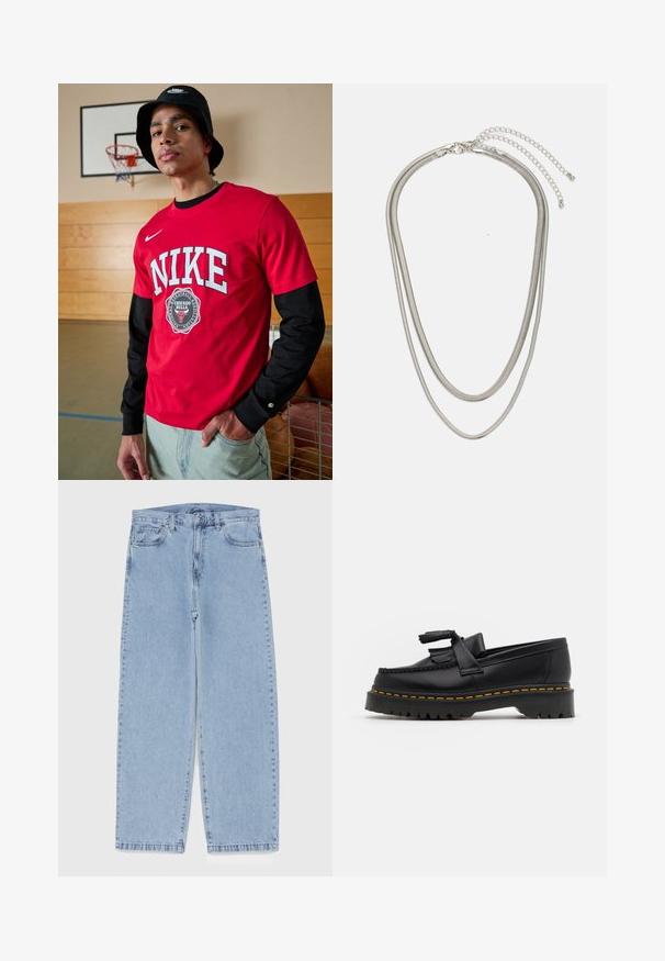 Rød kortærmet Nike skjorte med stort hvidt "NIKE" tekst, et Chicago Bulls logo, og sorte lange ærmer. Bæres med lyseblå jeans.; Lyseblå denimjeans med straight leg-design, der har en mid-rise talje, fem lommer og en lukning med knap og lynlås.; Sort læderloafer med en frynsedetalje, der har en kraftig sort sål og gul syninger langs kanten. Teksturert overflade.; Tre-lags sølvmetal halskæde med slanke, flexible kæder med en let glans, sikret med en hummerlås og justerbar kæde.