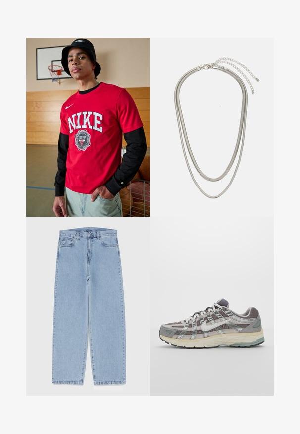 Punane lühikeste varrukatega Nike särk, millel on suur valge "NIKE" tekst, Chicago Bullsi logo ja mustad pikad varrukad. Kandmine helesiniste teksadega.; Heled sinise denimi sirgete põlvede lõikega teksad, millel on keskmise kõrgusega vöökoht, viis taskut ning nööbid ja tõmblukk.; Hallus hallitus jalanõud, millel on võrgust ja sametist ülemine osa, valged rõhutused, pehme tald ning eristuv disain peegelduvate elementidega.; Kolmekihiline hõbedane metallkaelakee, mis on valmistatud peentest, paindlikest kettidest kerge läikega, kinnitatud krabi sulguri ja reguleeritava ketiga.