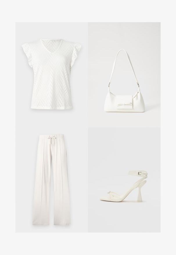 Top alb cu mânecă scurtă și decolteu în V, cu modele de ochi de pisică în dungi, detalii de umăr pliate și o textură moale.; Pantaloni de trening bej deschis, confecționați dintr-un material moale, având o talie cu șnur, picioare largi și cusături verticale, cu o textură netedă.; Sandalele cu toc înalt, cu bretele, din piele albă, cu un design elegant, toc transparent și un element decorativ la vârf.; Geantă sintetică albă, cu formă triangulară, capac frontal plat și detaliu cu fundă, curea ajustabilă, textură netedă și design minimalist.