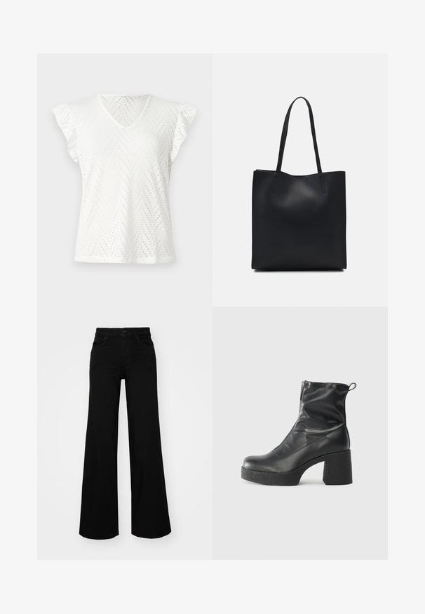 Blusa blanca de manga corta con escote en V, que presenta patrones de ojal en forma de chevron, detalles de volantes en los hombros y un acabado suave y texturizado.; Pantalones de mezclilla de pierna ancha y color negro, con una cinturilla estructurada, pasadores para cinturón y bolsillos frontales. Textura suave con un diseño clásico.; Botines negros de tobillo, hechos de cuero suave, con cierre lateral, tacón grueso texturizado y diseño de punta redondeada.; Bolso tote de cuero negro con textura lisa, forma rectangular y dos asas largas. Sin herrajes ni adornos visibles.