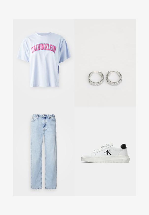 Gaiši zila īsa piedurkne universitāte ar lielu rozā "CALVIN KLEIN" uzrakstu uz priekšpuses treknā burtā. Mīksta kokvilnas auduma.; Gaiši zilas platās kājas džinsi, izgatavoti no denima, ar augstu jostas vietu, izbalinātu krāsu un smalku krāsošanas rakstu priekšpusē.; Baltā zema topa sporta apavas ar melnu papēža cilni, platformas zoli, auklēm un Calvin Klein "CK" logo sānos.; Sudraba gredzena auskari ar faktūras dizainu, kas ietver vertikālas rievas. Apaļa forma ar drošu aizdari. Gluda apdare.