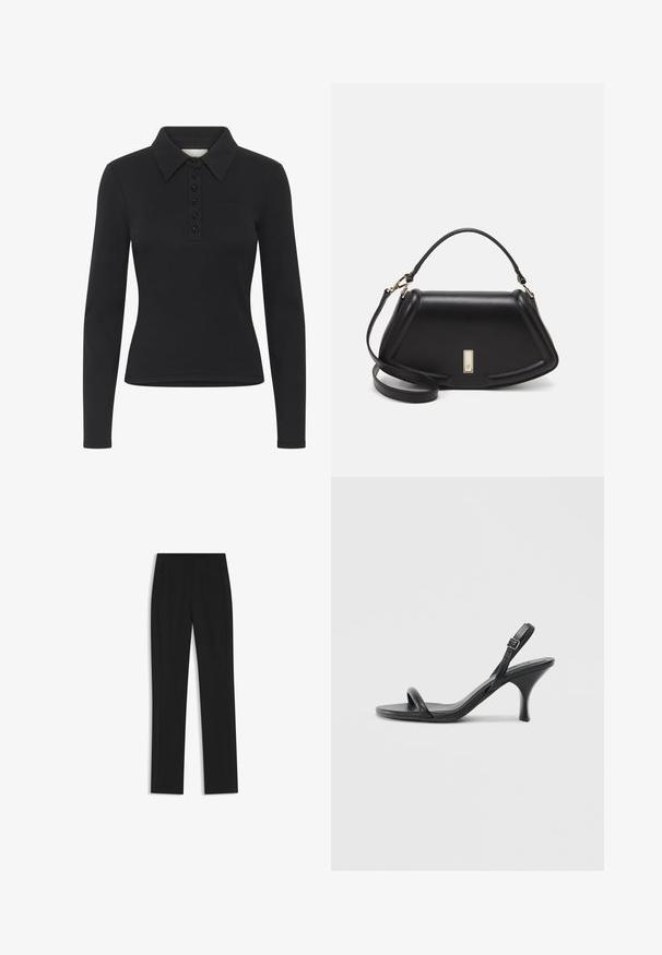 Svart långärmad polo-shirt med ribbad textur, knäppning framtill och en subtil logotyp. Har en klassisk krage.; Svarta skräddarsydda byxor med rak bendesign, som har framfickor och ett slätt, strukturerat tyg. Prydlig, minimal detaljer.; Svarta läder högklackade sandaler med en smal, böjd klack och ett korsat remdesign. Justerbar ankelrem. Slät textur.; Svart läderhandväska med en strukturerad design, som har en avskuren form, ett handtag upptill och guldiga detaljer. Justerbar axelrem ingår.