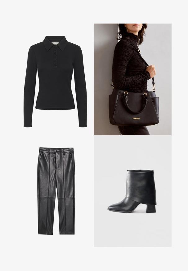 Musta pitkähihainen polo paita, jossa on ribbikuvio, nappilista ja hillitty logo. Ominaisuuksiin kuuluu klassinen kauluksen muoto.; Musta nahkahousut, joissa on sileä pinta, suora leikkaus, kaksi etutaskua ja näkyvät saumat.; Mustat nahka nilkkurit, joissa on terävä kärki, sileä pinta ja jämäkkä lohkosaapas. Ominaisuuksia korkea, taitettu varren muotoilu.; Musta käsilaukku, jossa on teksturoitu pinta, kaksi yläkantta ja säädettävä olkahihna. Varustettu kultasävyisillä varusteilla ja sivutaskuilla.