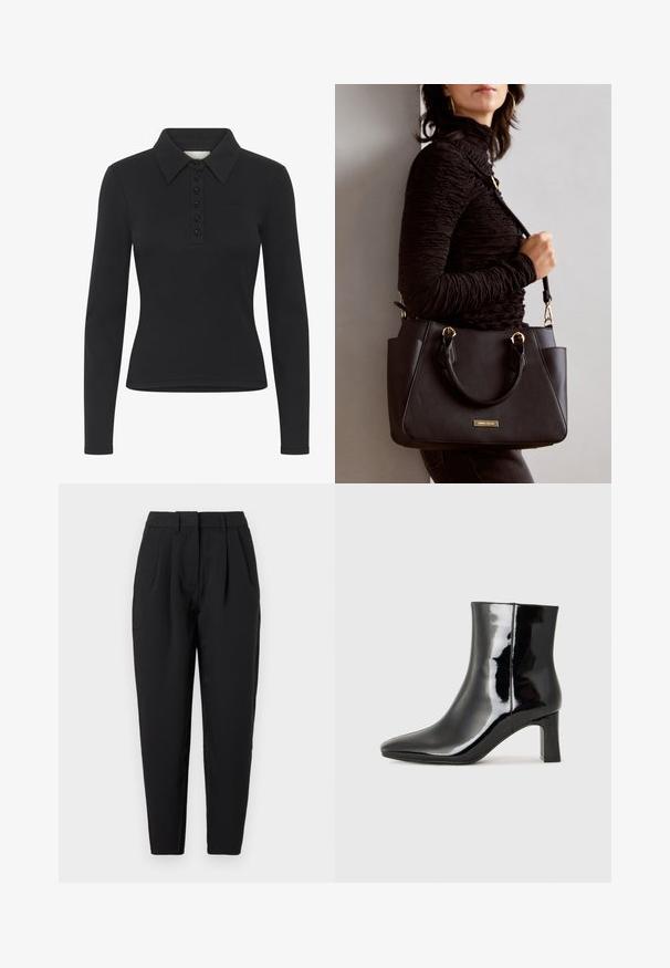 Musta pitkähihainen polo paita, jossa on ribbikuvio, nappilista ja hillitty logo. Ominaisuuksiin kuuluu klassinen kauluksen muoto.; Mustat suorat housut, joissa on etupuolella laskokset, sileä pinta ja sivutaskut. Vyötärönkorkeus on normaali.; Musta patenttilakattu nilkkuri, jossa on terävä kärki ja keskipitkä lohkarekorko. Silkkinen pinta ja minimalistinen muotoilu.; Musta käsilaukku, jossa on teksturoitu pinta, kaksi yläkantta ja säädettävä olkahihna. Varustettu kultasävyisillä varusteilla ja sivutaskuilla.