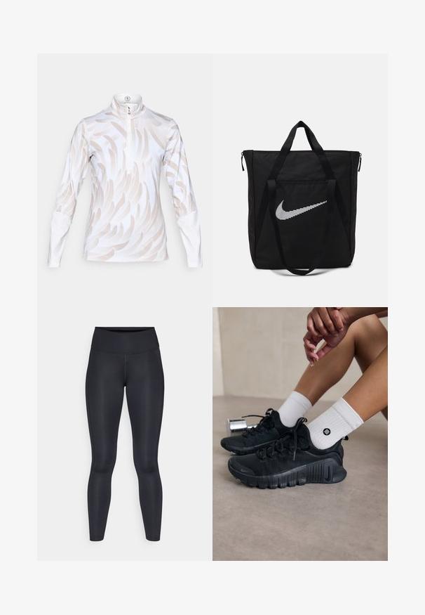 Langarm sporttop in het wit met een lichtbeige golfpatroon, voorzien van een hoge kraag en een kwart-ritssluiting. Glad, rekbaar materiaal.; Zwarte leggings van glad, rekbaar stof. Hoge taille zonder zichtbare patronen of accenten. Sluiten nauw aan van taille tot enkels.; Zwarte sport schoenen van een gestructureerde stof, met vetersluiting en een opvallende zool, gecombineerd met witte geribbelde sokken met een klein logo.; Zwarte nylon tas met twee stevige handvatten en ritsluiting. Bevat een opvallend wit Nike swoosh-logo in een horizontaal gestreept design.