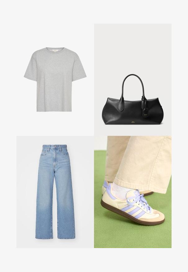 Part Two ANNE - T-shirt basic - light grey melange; Lichtblauwe high-waist wijde jeans met een knoop- en ritssluiting aan de voorkant, voor- en achterzakken, op een witte achtergrond.; Crème- en lavendel-sneakers met drie strepen en een gestructureerde bruine zool, voorzien van veters en een gewatteerde hiel. Zachte stoffen bovenkant.; Zwarte leren handtas met een gladde textuur, ronde vorm, twee handvaten en een klein label eraan. Subtiele merklogo in het goud aan de voorkant.
